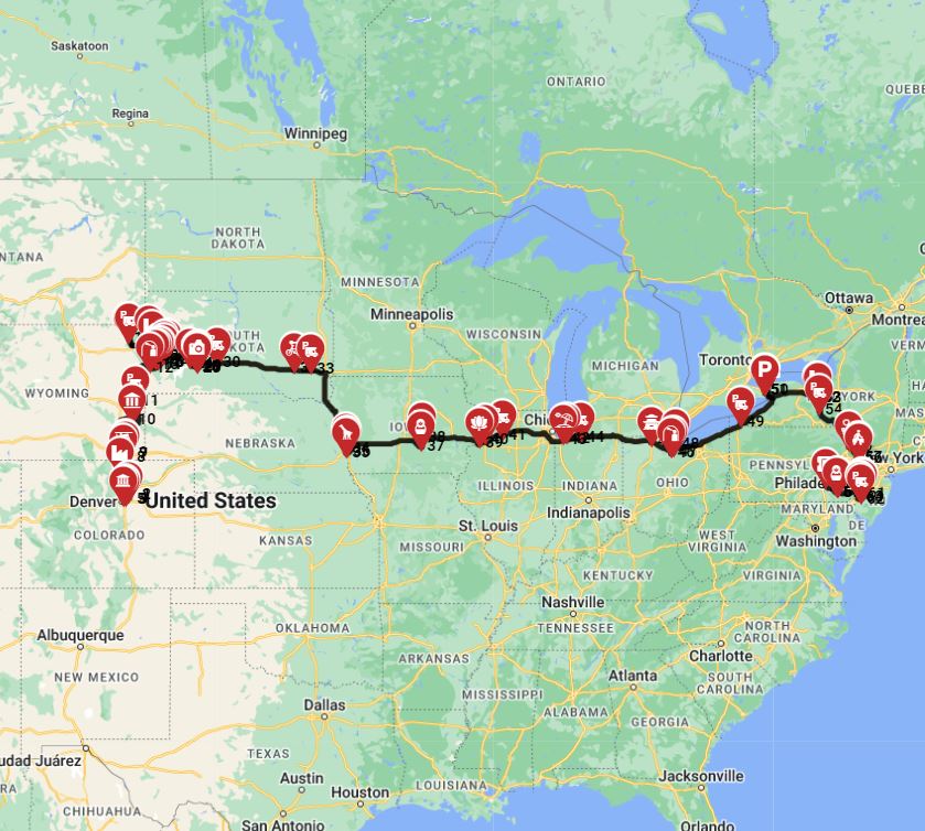 Motorhome route Denver to Philadelphia RV road trip